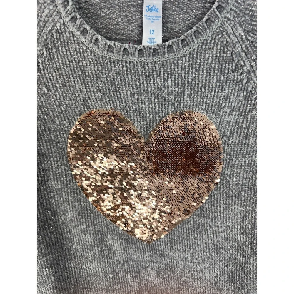 Justice Sweater Girls Sz 12‎ Gray Tan Sequin Heart Side Slits Metallic Threads